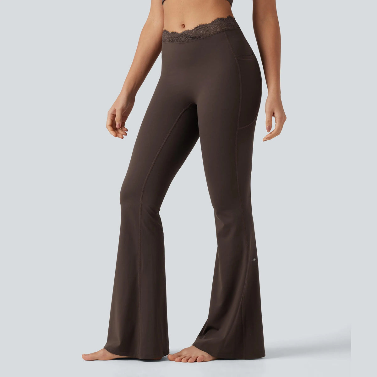 Women's UltraSculpt V-Shaped High Waisted Contrast Lace Yoga Flare Leggings with Pockets