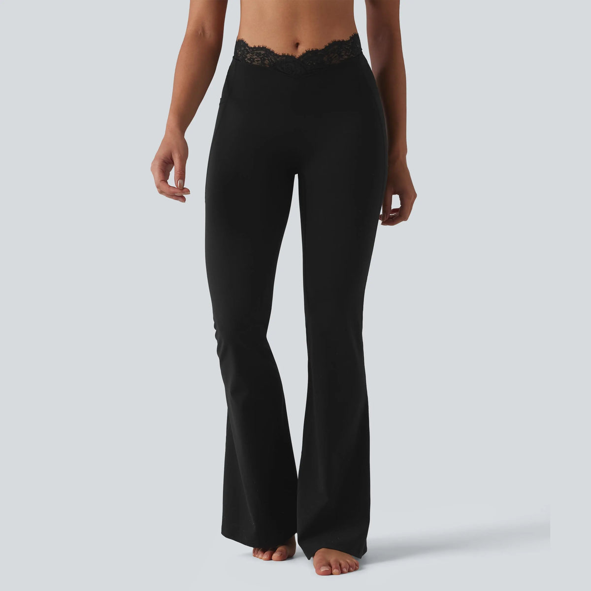 Women's UltraSculpt V-Shaped High Waisted Contrast Lace Yoga Flare Leggings with Pockets