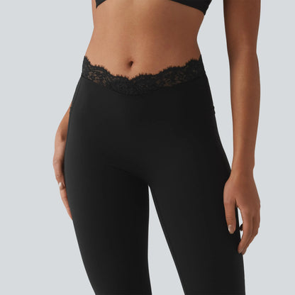 Women's UltraSculpt V-Shaped High Waisted Contrast Lace Yoga Flare Leggings with Pockets