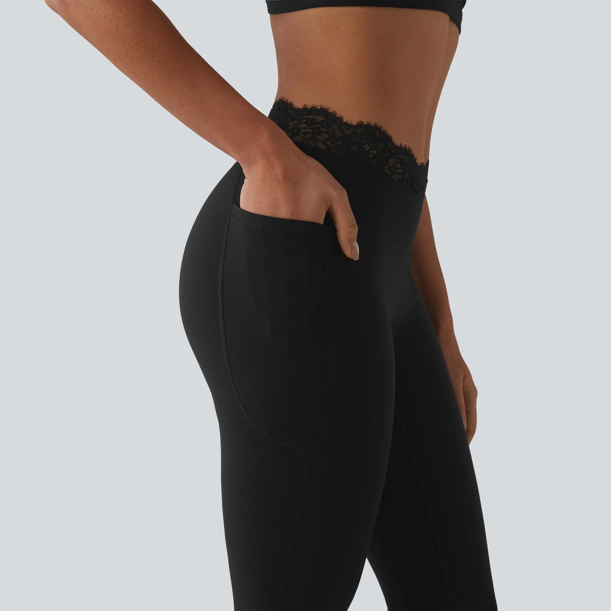 Women's UltraSculpt V-Shaped High Waisted Contrast Lace Yoga Flare Leggings with Pockets