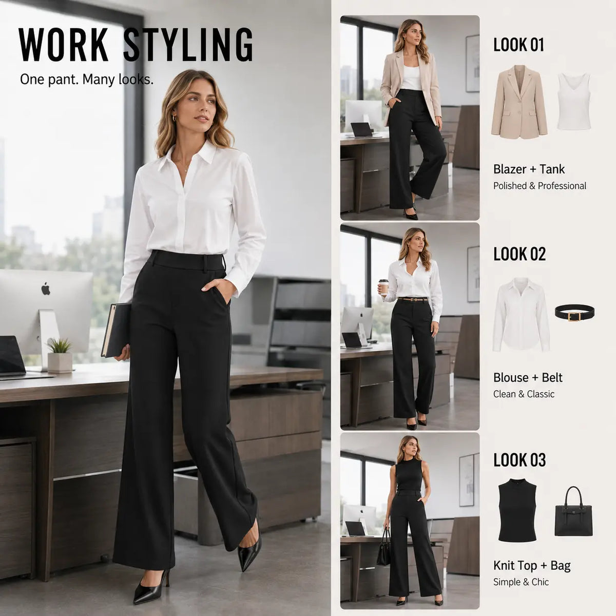 Women's Wide Leg Dress Pants High Waisted Stretchy Work Trousers Business Casual Office Pull on Slacks with Pockets