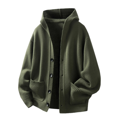 Men's Plain Minimalist Solid Heavyweight Long-Sleeve Buttoned Hood Snap Sweatshirt
