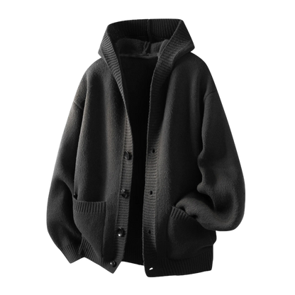Men's Plain Minimalist Solid Heavyweight Long-Sleeve Buttoned Hood Snap Sweatshirt