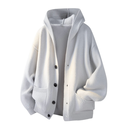 Men's Plain Minimalist Solid Heavyweight Long-Sleeve Buttoned Hood Snap Sweatshirt