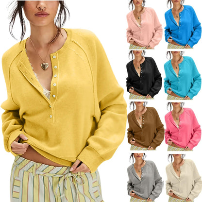 Womens Long Sleeve Knitting Sweater Tops Half Button Sweaters Henley Neckline