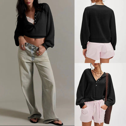Womens Long Sleeve Knitting Sweater Tops Half Button Sweaters Henley Neckline