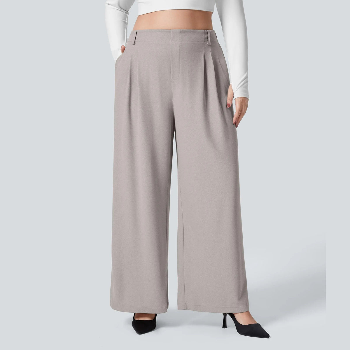 High Waisted Pocket Wide Leg Waffle Work Plus Size Pants