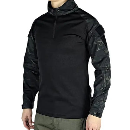 Men's long-sleeve top with a half zipper and stand collar, available in six colors; camouflage color-block design, stretchy and breathable for outdoor wear.