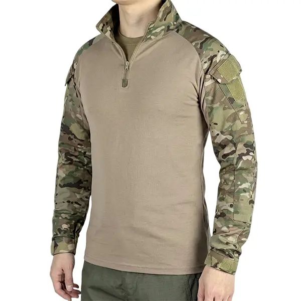 Men's long-sleeve top with a half zipper and stand collar, available in six colors; camouflage color-block design, stretchy and breathable for outdoor wear.