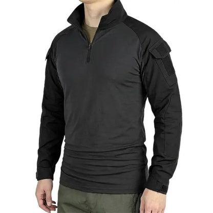 Men's long-sleeve top with a half zipper and stand collar, available in six colors; camouflage color-block design, stretchy and breathable for outdoor wear.