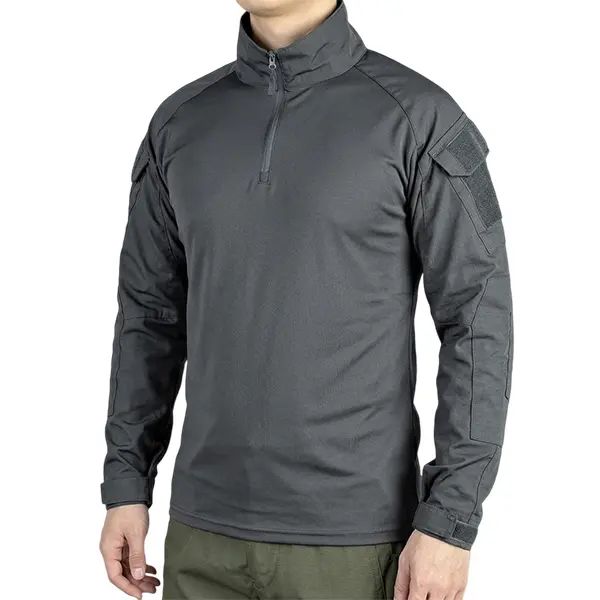Men's long-sleeve top with a half zipper and stand collar, available in six colors; camouflage color-block design, stretchy and breathable for outdoor wear.