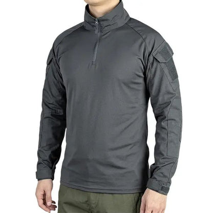 Men's long-sleeve top with a half zipper and stand collar, available in six colors; camouflage color-block design, stretchy and breathable for outdoor wear.