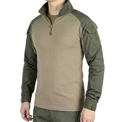 Men's long-sleeve top with a half zipper and stand collar, available in six colors; camouflage color-block design, stretchy and breathable for outdoor wear.