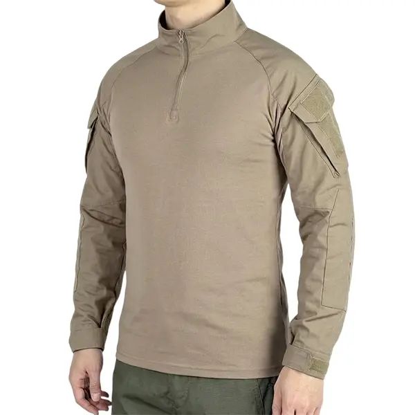 Men's long-sleeve top with a half zipper and stand collar, available in six colors; camouflage color-block design, stretchy and breathable for outdoor wear.