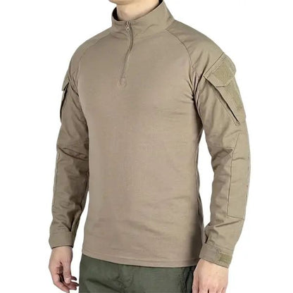 Men's long-sleeve top with a half zipper and stand collar, available in six colors; camouflage color-block design, stretchy and breathable for outdoor wear.