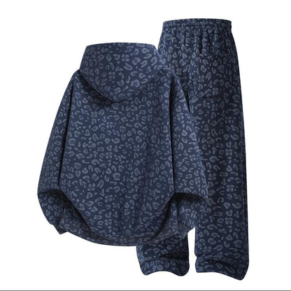 Men's 100% Cotton 2-Piece All-Over Leopard Print Streetwear Set - Loose-Fit Hoodie & Wide-Leg Pants