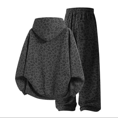 Men's 100% Cotton 2-Piece All-Over Leopard Print Streetwear Set - Loose-Fit Hoodie & Wide-Leg Pants