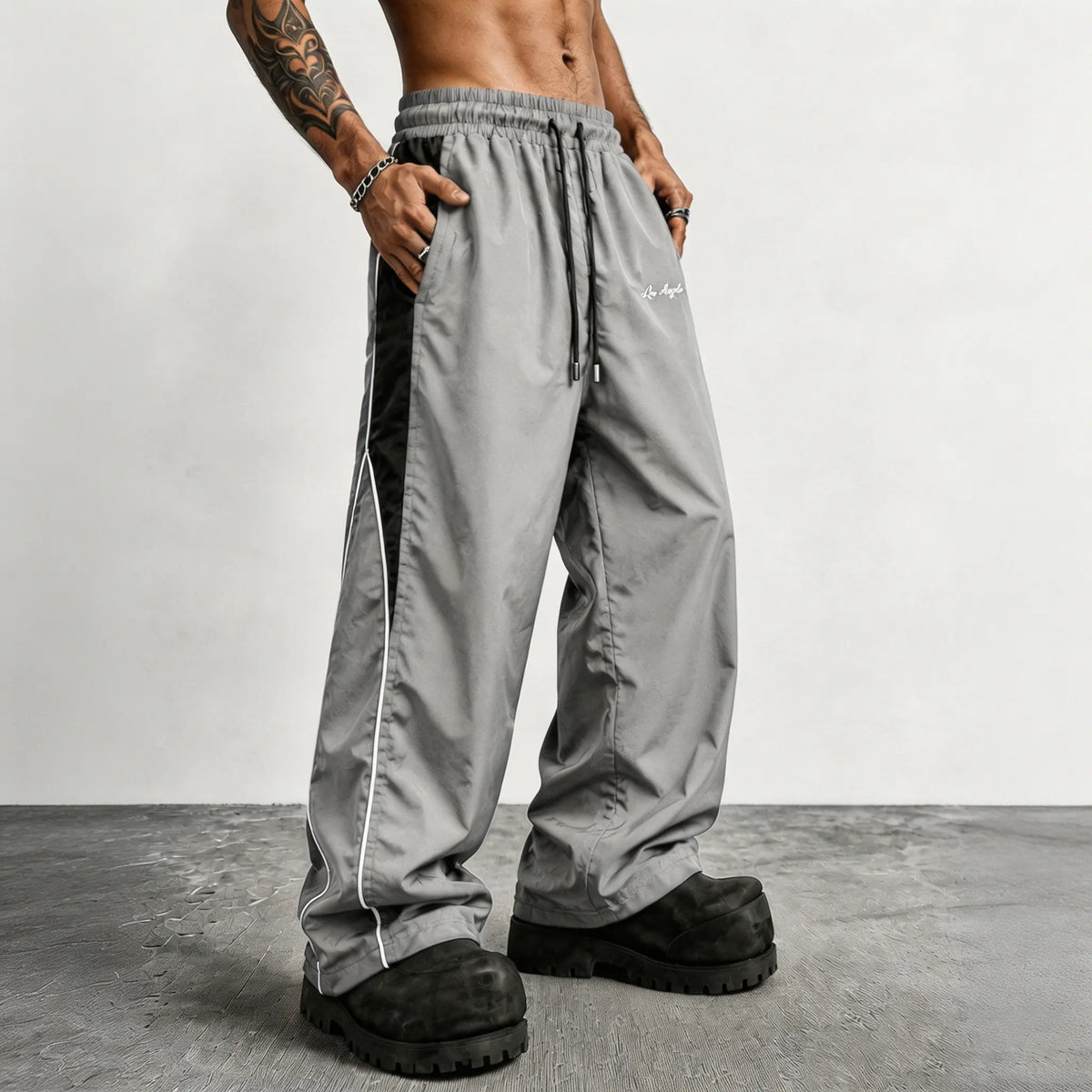 Men's Reflective Side Stripe Wide-Leg Streetwear Pants