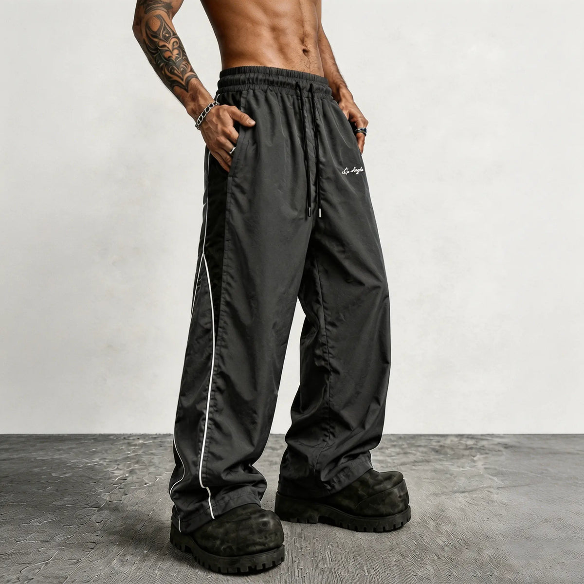 Men's Reflective Side Stripe Wide-Leg Streetwear Pants