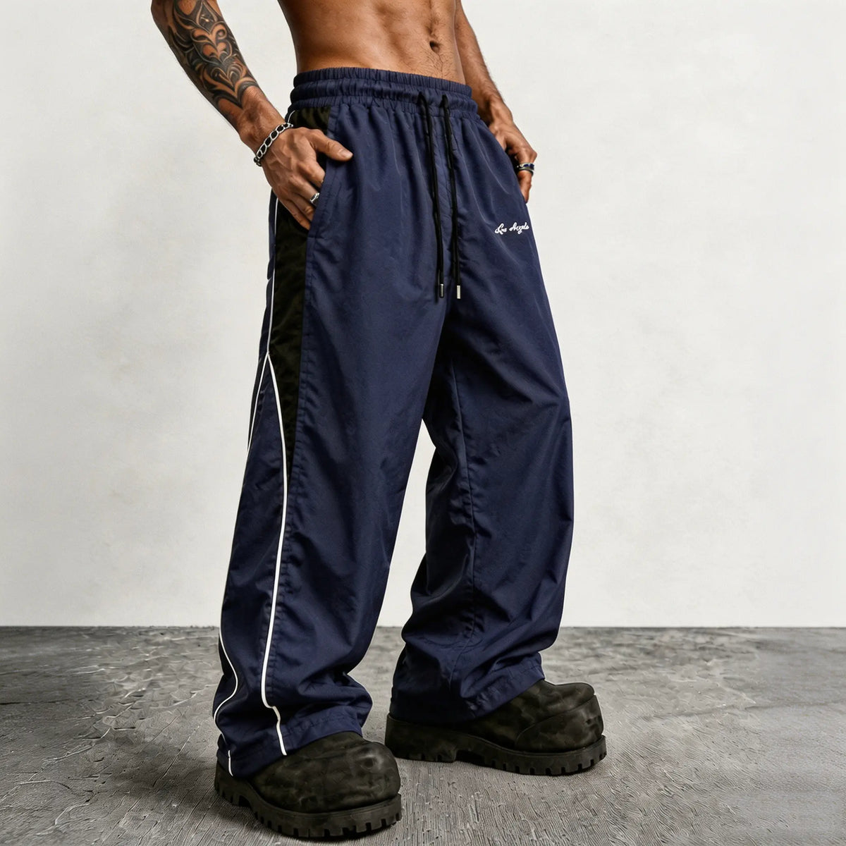 Men's Reflective Side Stripe Wide-Leg Streetwear Pants
