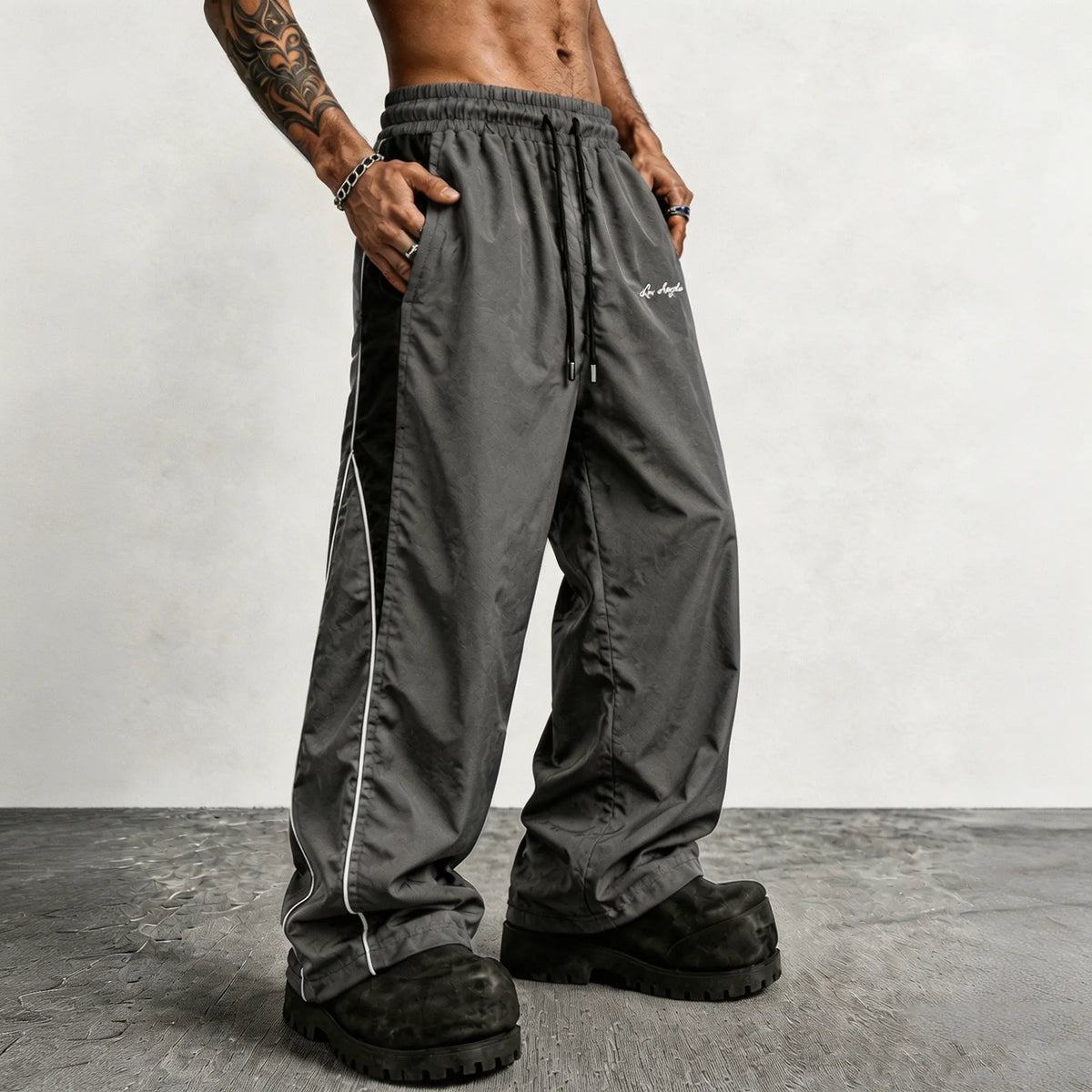 Men's Reflective Side Stripe Wide-Leg Streetwear Pants