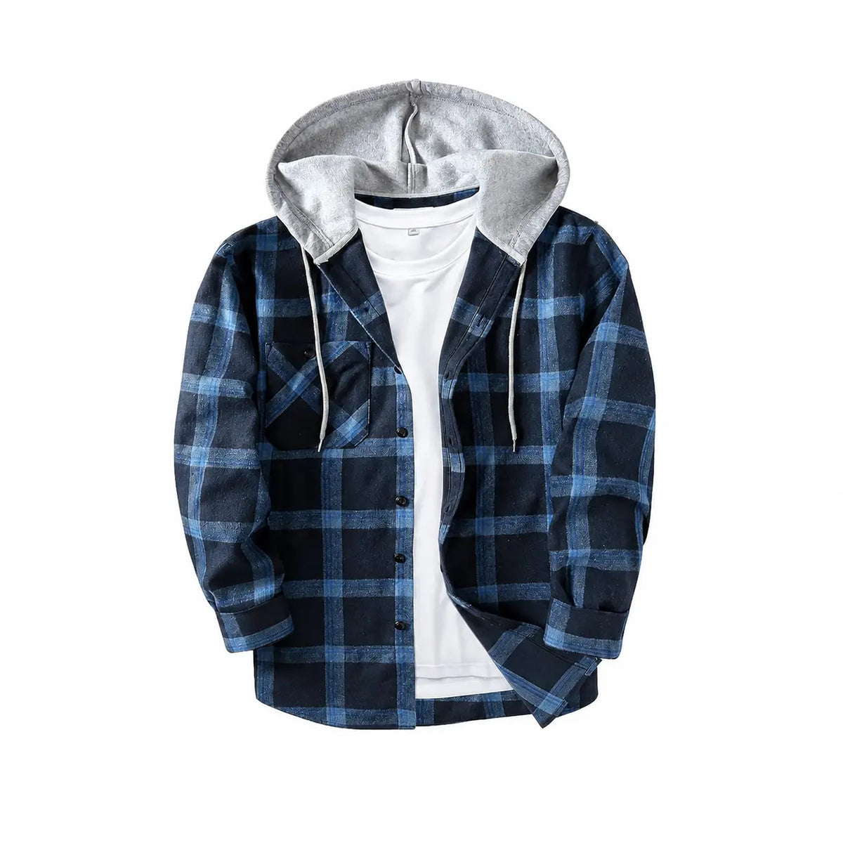 Men's Flannel Plaid Hooded Drawstring Jacket with Pockets