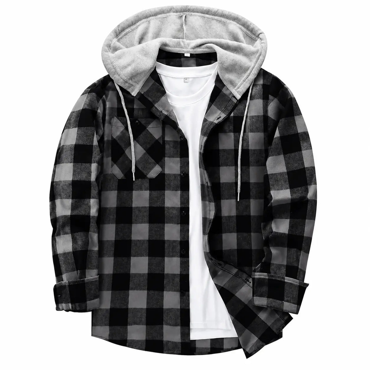 Men's Flannel Plaid Hooded Drawstring Jacket with Pockets