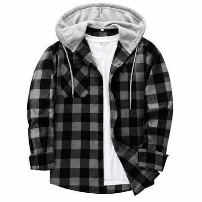 Men's Flannel Plaid Hooded Drawstring Jacket with Pockets