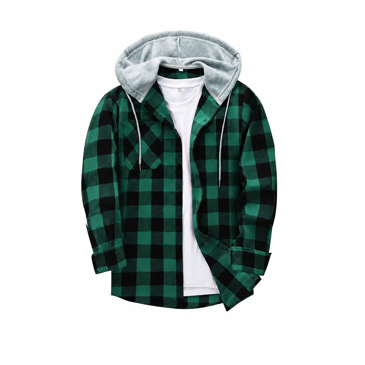 Men's Flannel Plaid Hooded Drawstring Jacket with Pockets