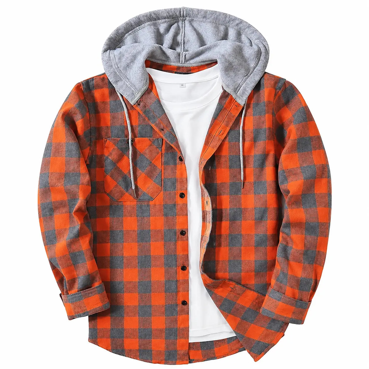 Men's Flannel Plaid Hooded Drawstring Jacket with Pockets