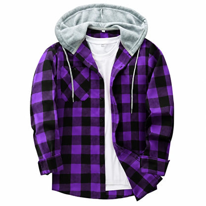 Men's Flannel Plaid Hooded Drawstring Jacket with Pockets