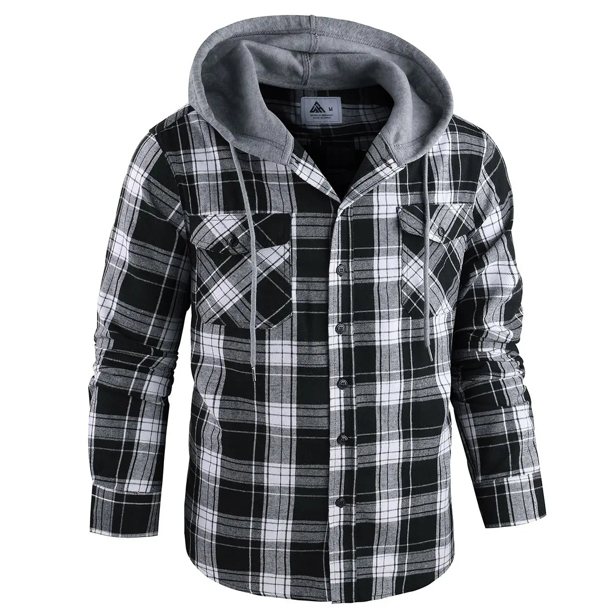 Men's Flannel Plaid Hooded Drawstring Jacket with Pockets