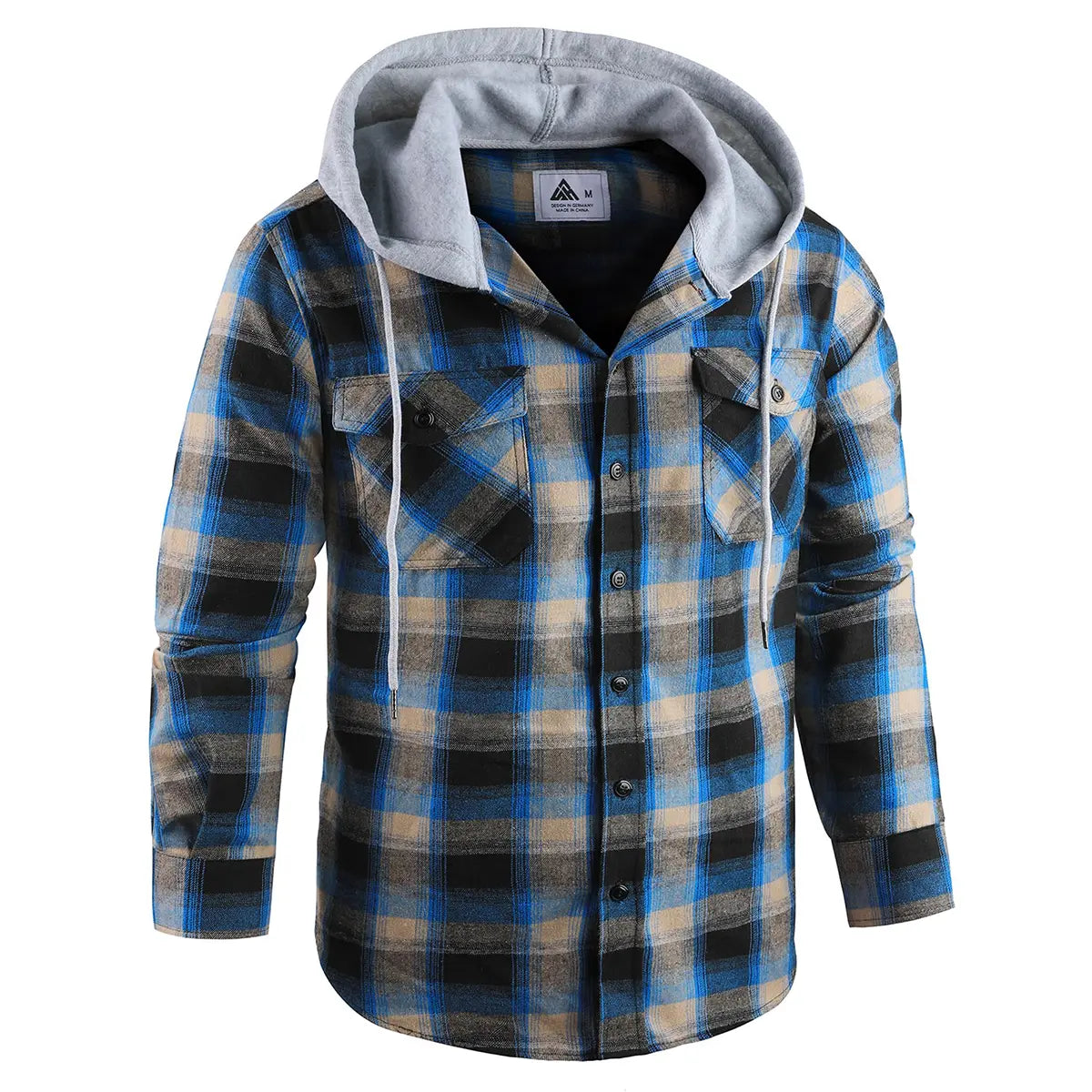 Men's Flannel Plaid Hooded Drawstring Jacket with Pockets