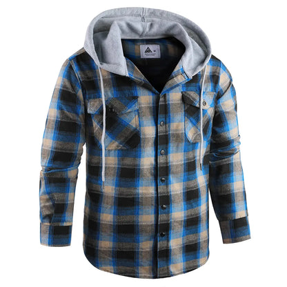 Men's Flannel Plaid Hooded Drawstring Jacket with Pockets