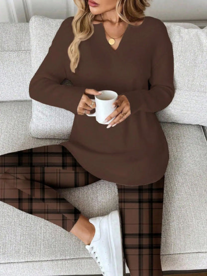 Women's Long Sleeve Top & Plaid Leggings Set