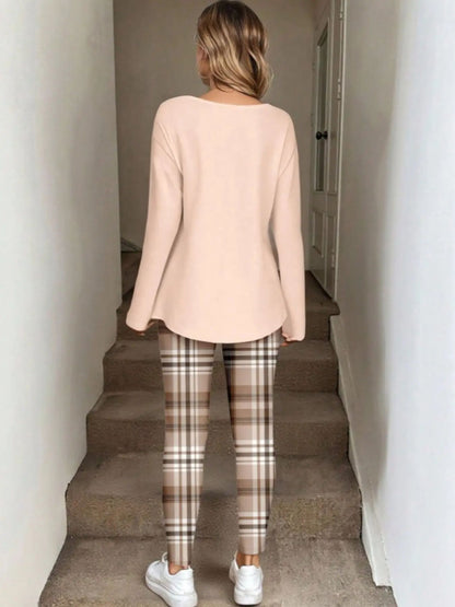 Women's Long Sleeve Top & Plaid Leggings Set