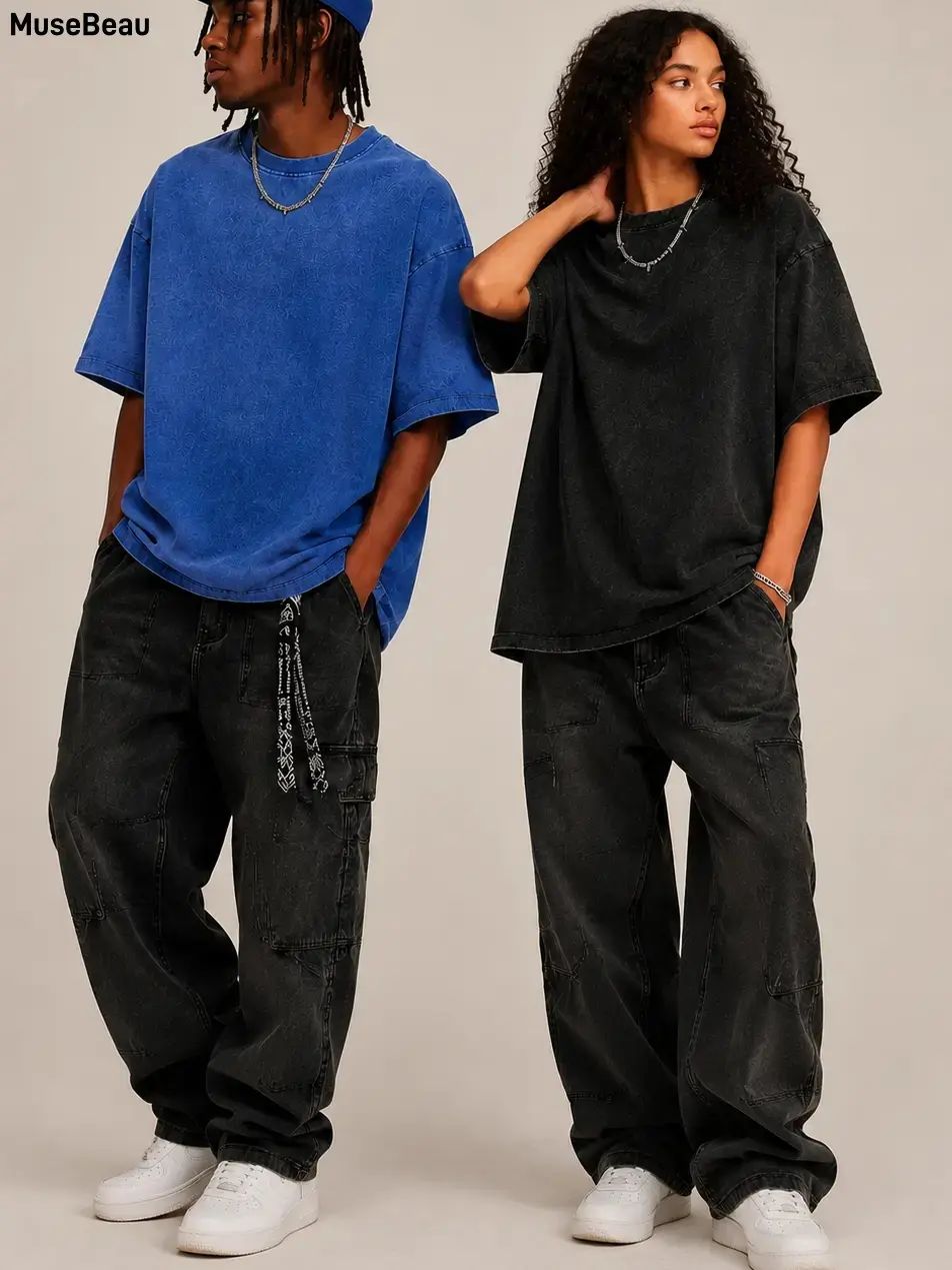 🔥Unisex Acid Wash Oversized Cotton T-Shirts Crew Neck Half Sleeve Loose Casual Streetwear Summer Tops