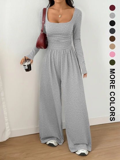 Women's 100% Cotton Long Sleeve Knit Wide-Leg Jumpsuit with Pockets