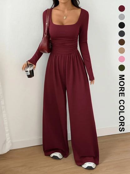 Women's 100% Cotton Long Sleeve Knit Wide-Leg Jumpsuit with Pockets