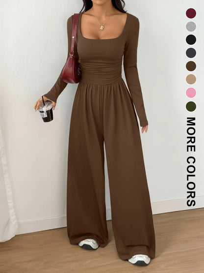 Women's 100% Cotton Long Sleeve Knit Wide-Leg Jumpsuit with Pockets