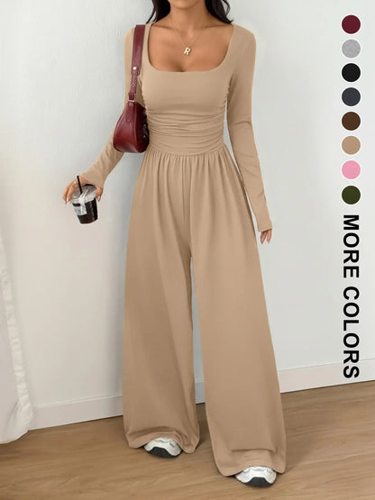 Women's 100% Cotton Long Sleeve Knit Wide-Leg Jumpsuit with Pockets