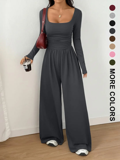 Women's 100% Cotton Long Sleeve Knit Wide-Leg Jumpsuit with Pockets