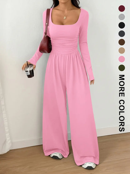 Women's 100% Cotton Long Sleeve Knit Wide-Leg Jumpsuit with Pockets