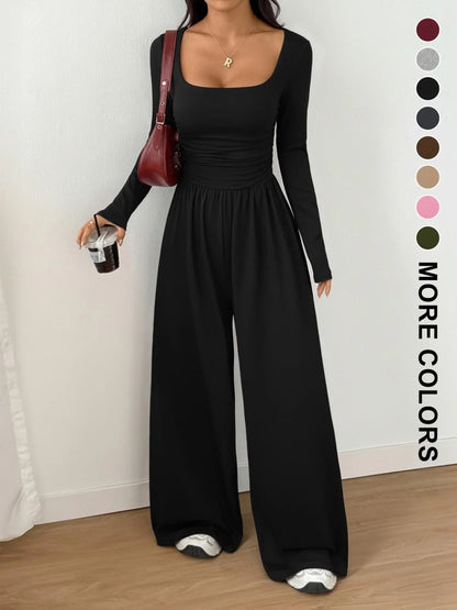 Women's 100% Cotton Long Sleeve Knit Wide-Leg Jumpsuit with Pockets