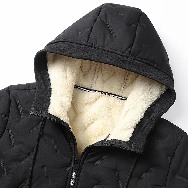 Men's Waterproof Windproof Fleece-Lined Hooded Jacket with Textured Fabric