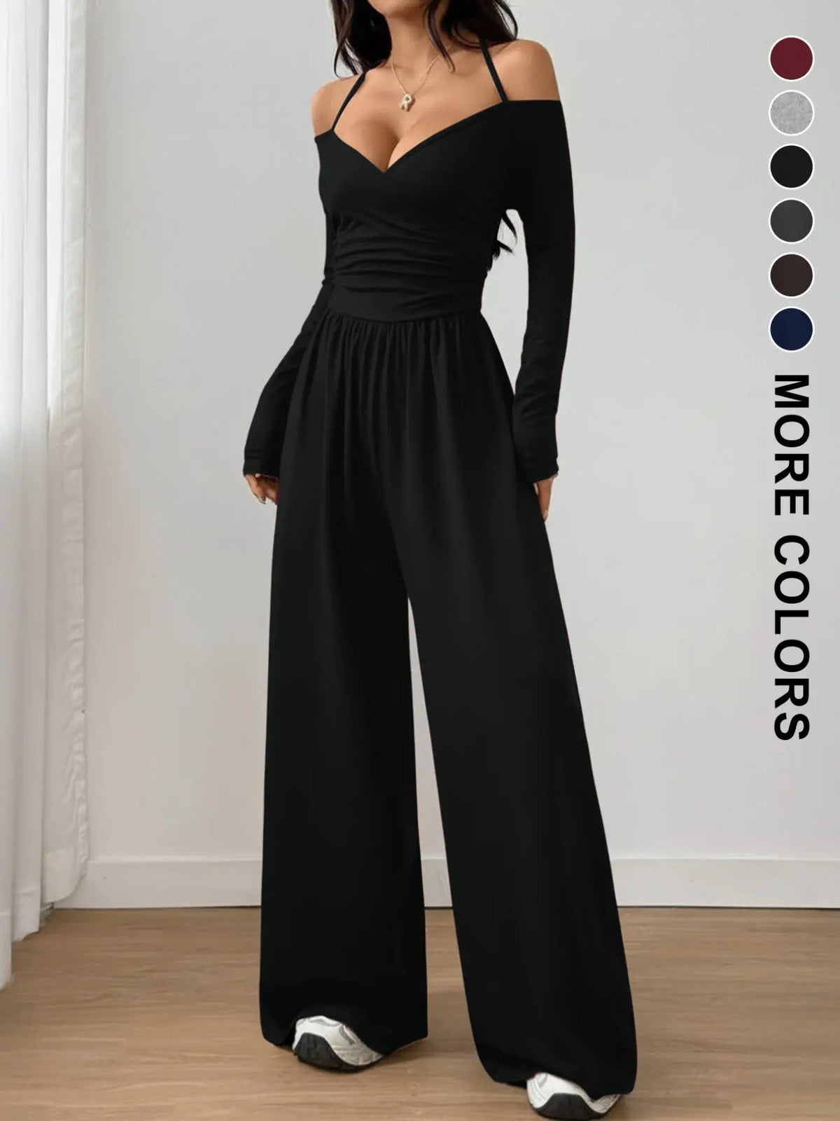 Women's Cotton-Blend Slim-Fit Pleated Off-Shoulder Wide-Leg Jumpsuit