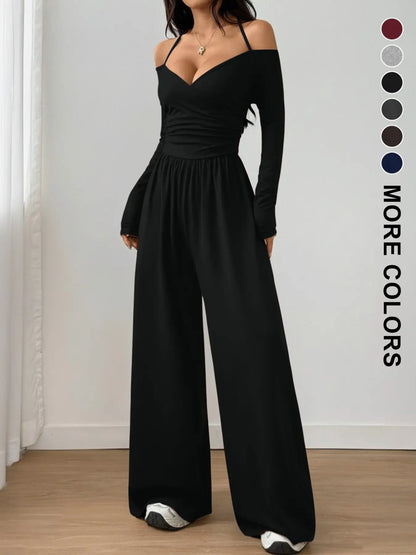 Women's Cotton-Blend Slim-Fit Pleated Off-Shoulder Wide-Leg Jumpsuit