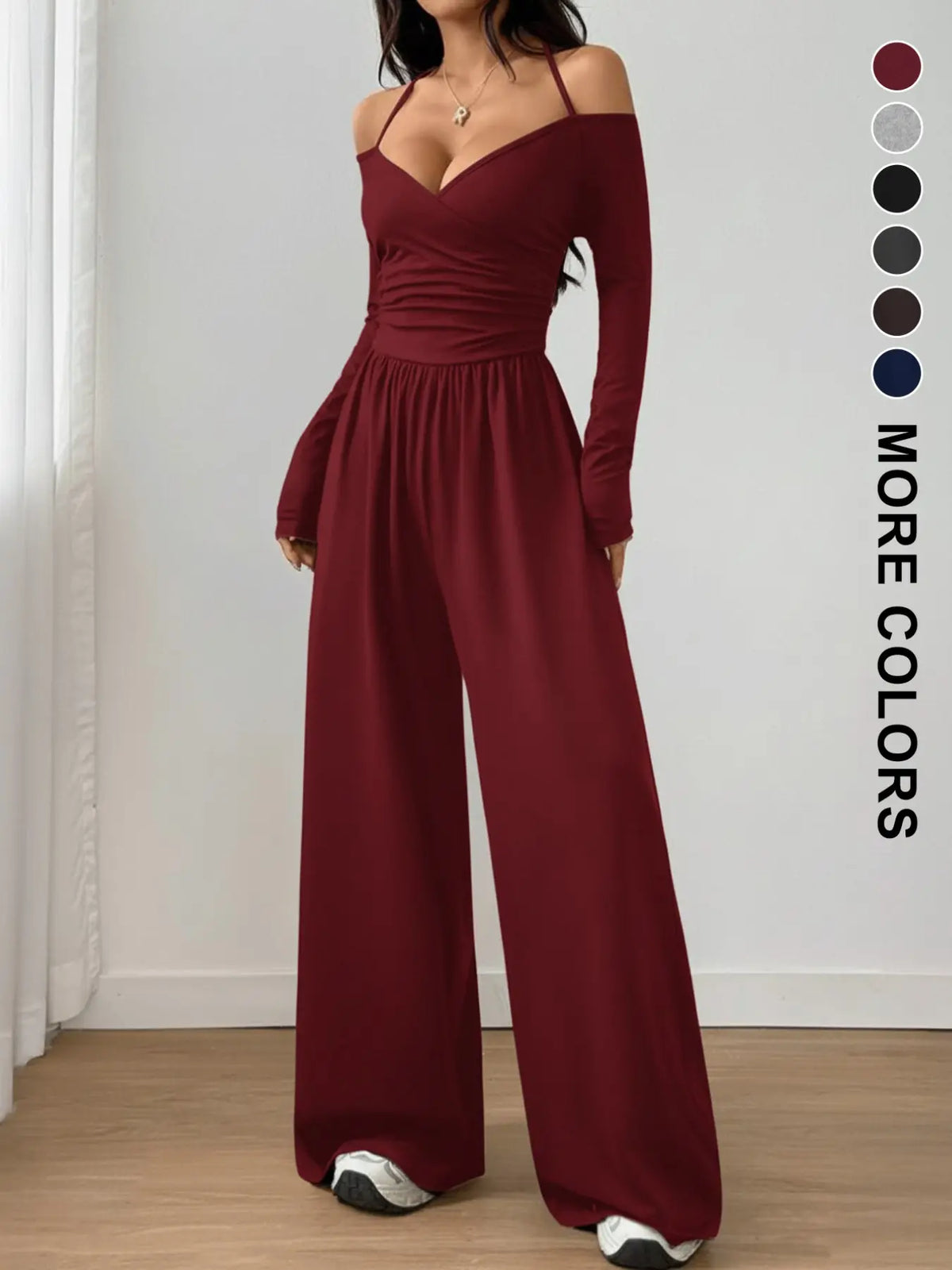 Women's Cotton-Blend Slim-Fit Pleated Off-Shoulder Wide-Leg Jumpsuit