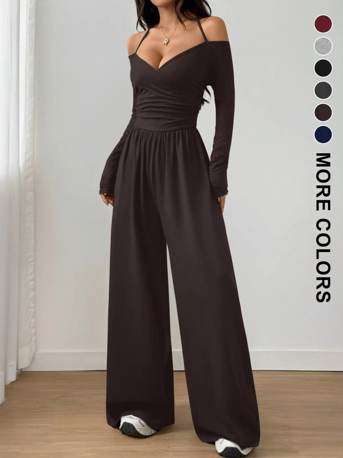Women's Cotton-Blend Slim-Fit Pleated Off-Shoulder Wide-Leg Jumpsuit