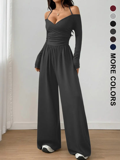 Women's Cotton-Blend Slim-Fit Pleated Off-Shoulder Wide-Leg Jumpsuit